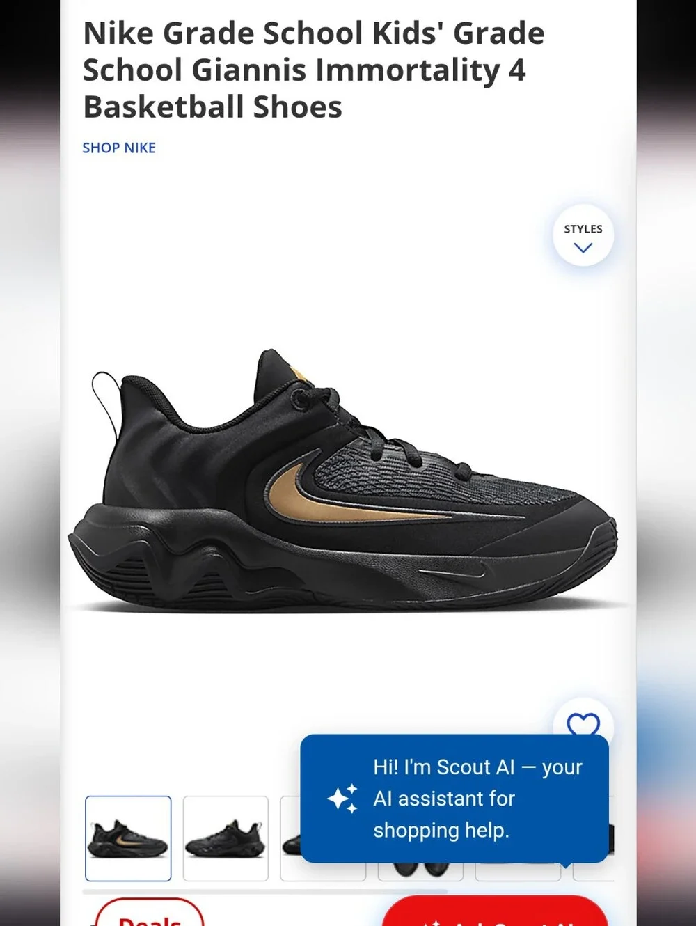 Nike Kids Black and Gold Giannis Immortality 4 Sneakers - Picture 1 of 4